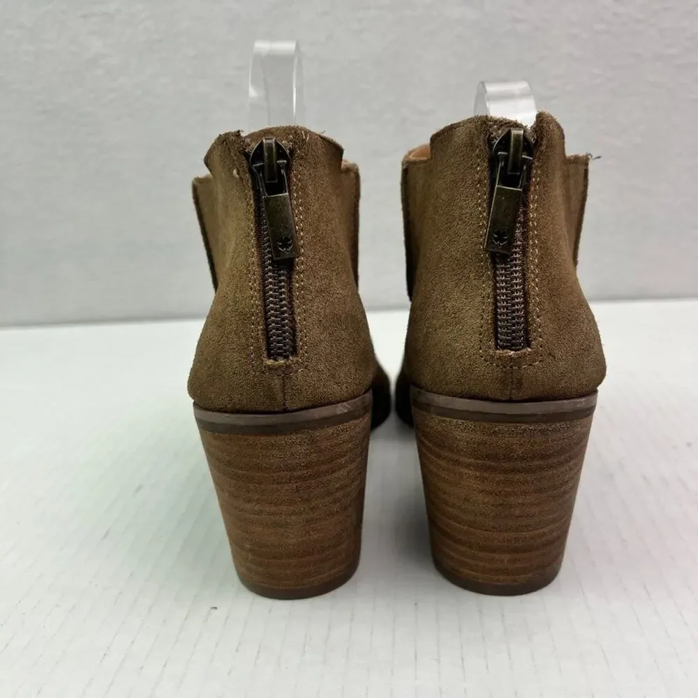 Lucky Brand Ankle Booties Womens 6.5 M Brown Keight Stacked Heel Open Toe Suede